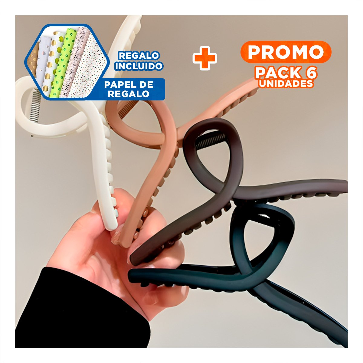 PACK6 CONJUNTO 4 GANCHOS DE CABELLO CASUAL FORMA E EN NEGRO MARRON BEIGE Y+PAPEL REGALO - 1