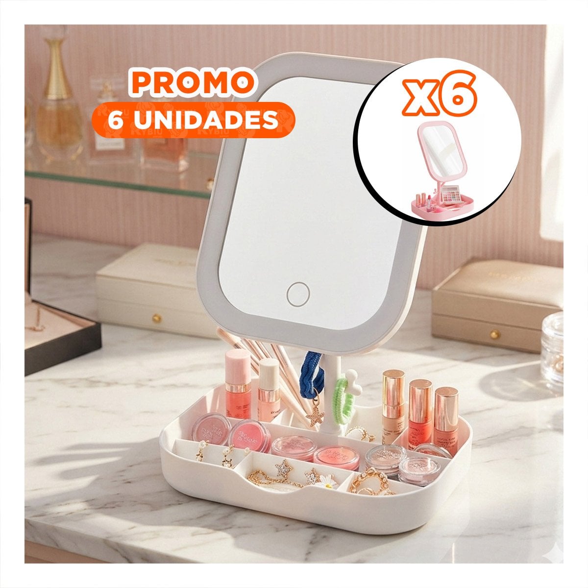PACK6 ORGANIZADOR TOCADOR LED CUADRADO BLANCO CON BASE PRACTICA Y+REGALO STICKER - 1