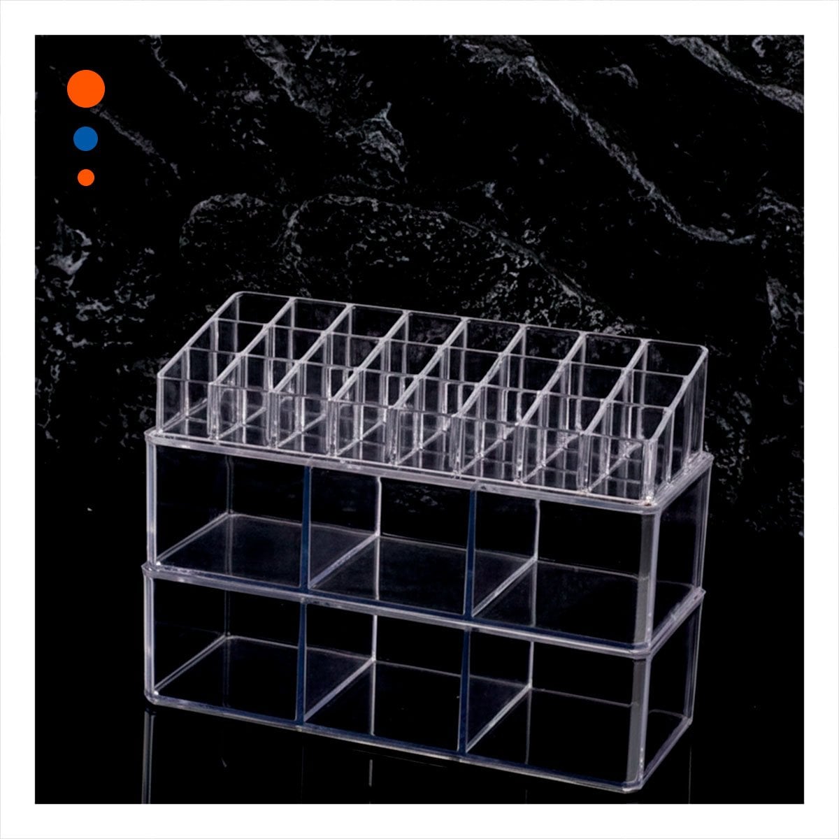 ORGANIZADOR PARA MAQUILLAJE DE ACRILICO 2 PISOS 3 DIVISIONES TRANSPARENTE - 1
