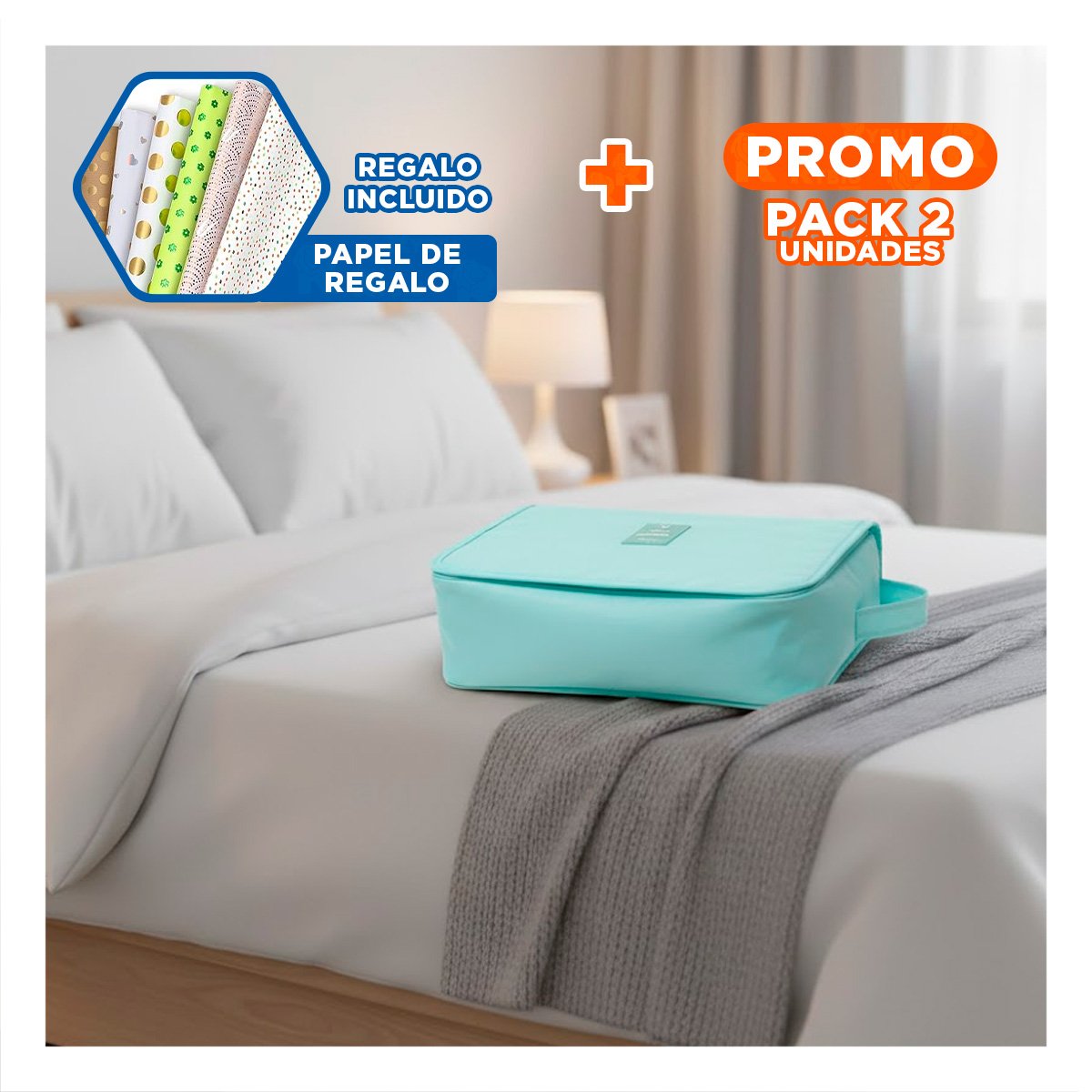 PACK2 PORTATIL COLGANTE 24X8X19CM CELESTE PENSADO PARA VIAJES CORTOS O LARGOS Y+PAPEL REGALO - 1