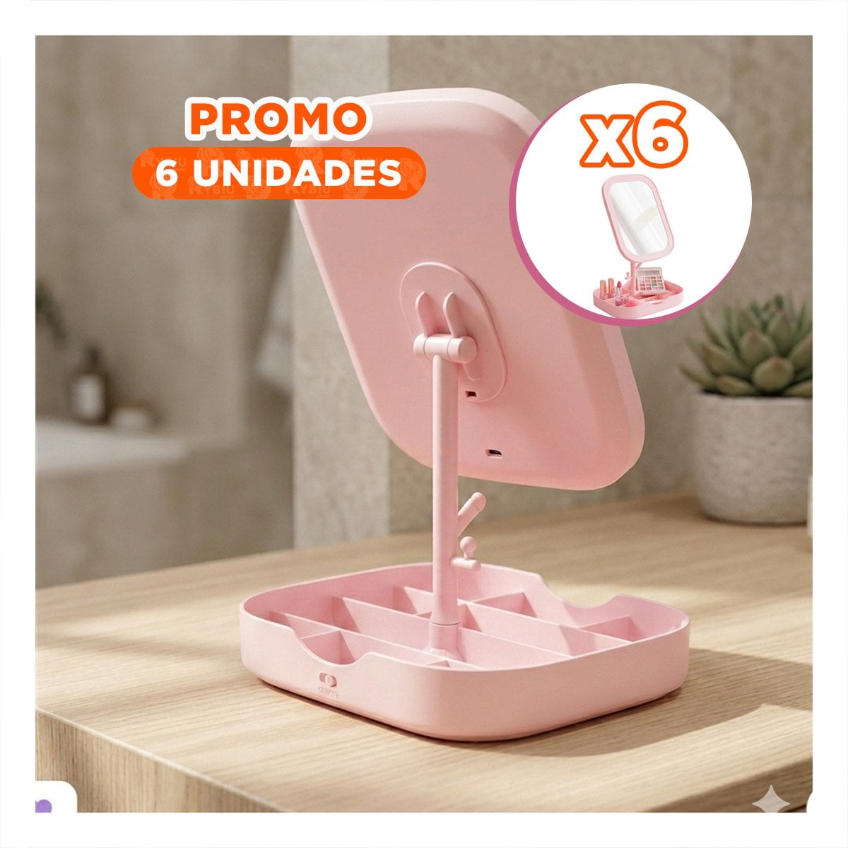 PACK6 SISTEMA TOCADOR LED CUADRADO ROSADO CON ESPACIOS DE ORDEN Y+REGALO STICKER - 1