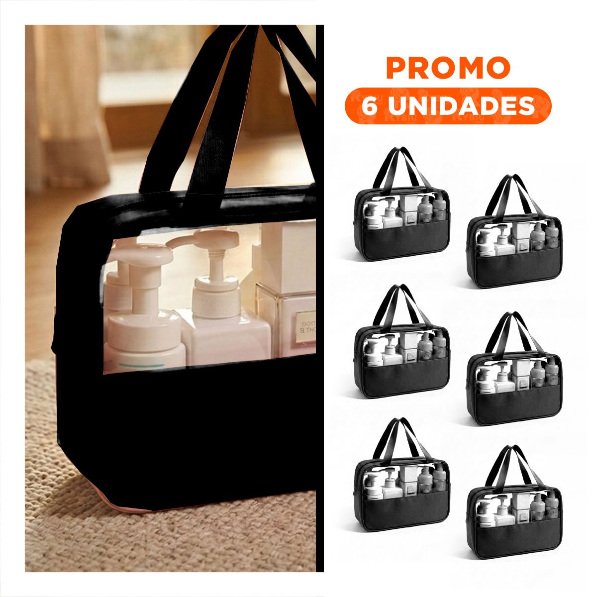 PACK6 ESTUCHE RECTANGULAR CON ASAS PARA HIGIENE NEGRO PRACTICO Y ORDENADO - 1