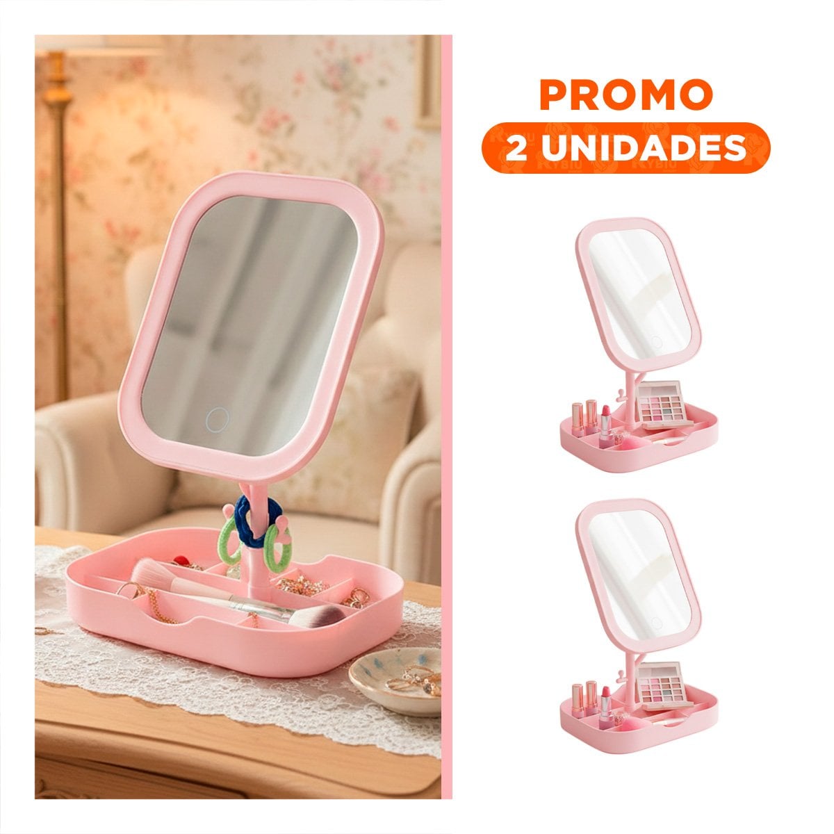 PACK2 BASE DE MAQUILLAJE CON LUZ LED CUADRADA ROSADA Y COMPARTIMENTOS - 1