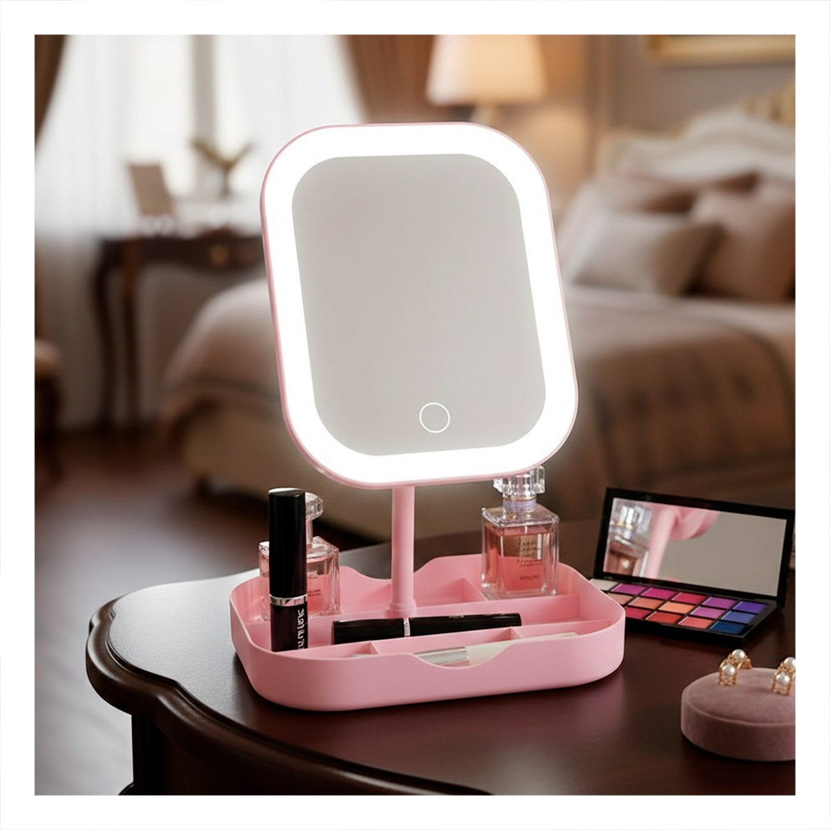 PACK2 BASE DE MAQUILLAJE CON LUZ LED CUADRADA ROSADA Y COMPARTIMENTOS - 2
