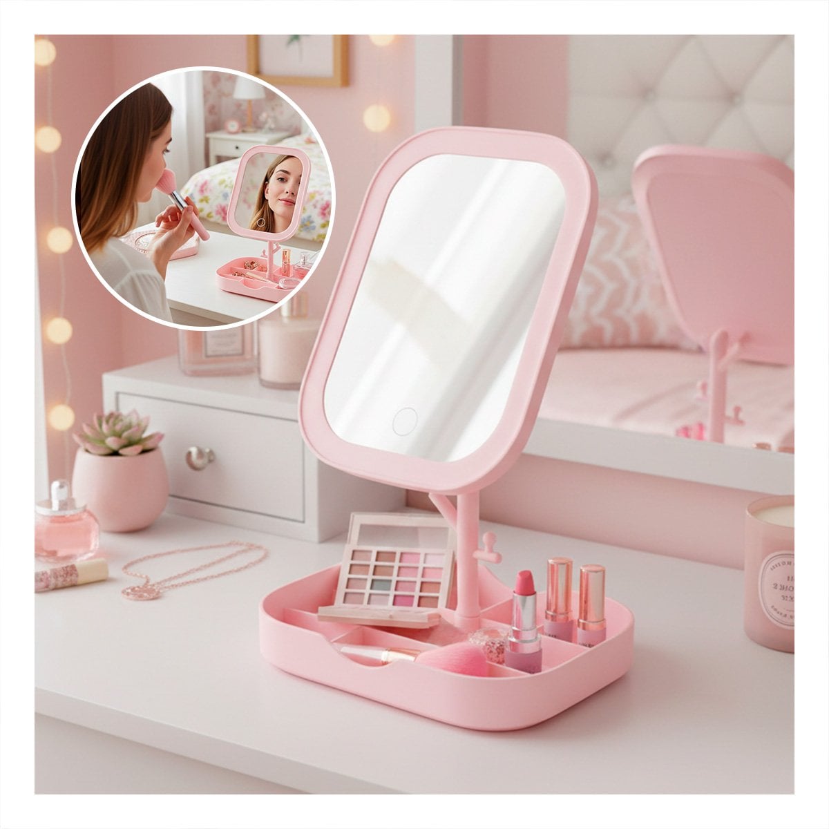 PACK2 BASE DE MAQUILLAJE CON LUZ LED CUADRADA ROSADA Y COMPARTIMENTOS - 5