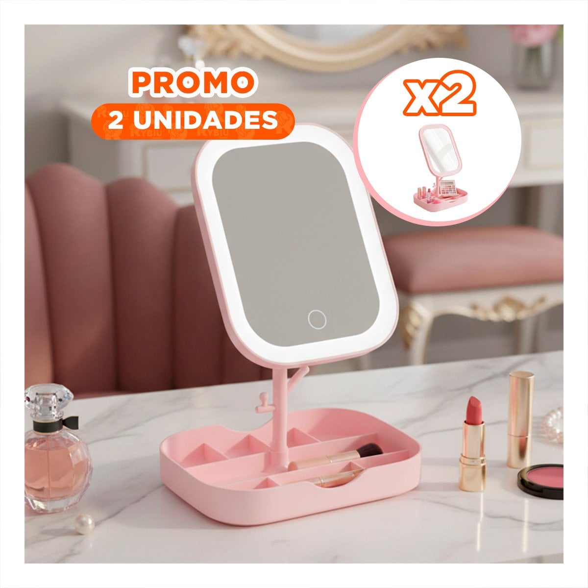 PACK2 KIT TOCADOR LED CUADRADO ROSADO CON BANDEJA ORGANIZADORA Y+REGALO STICKER - 1