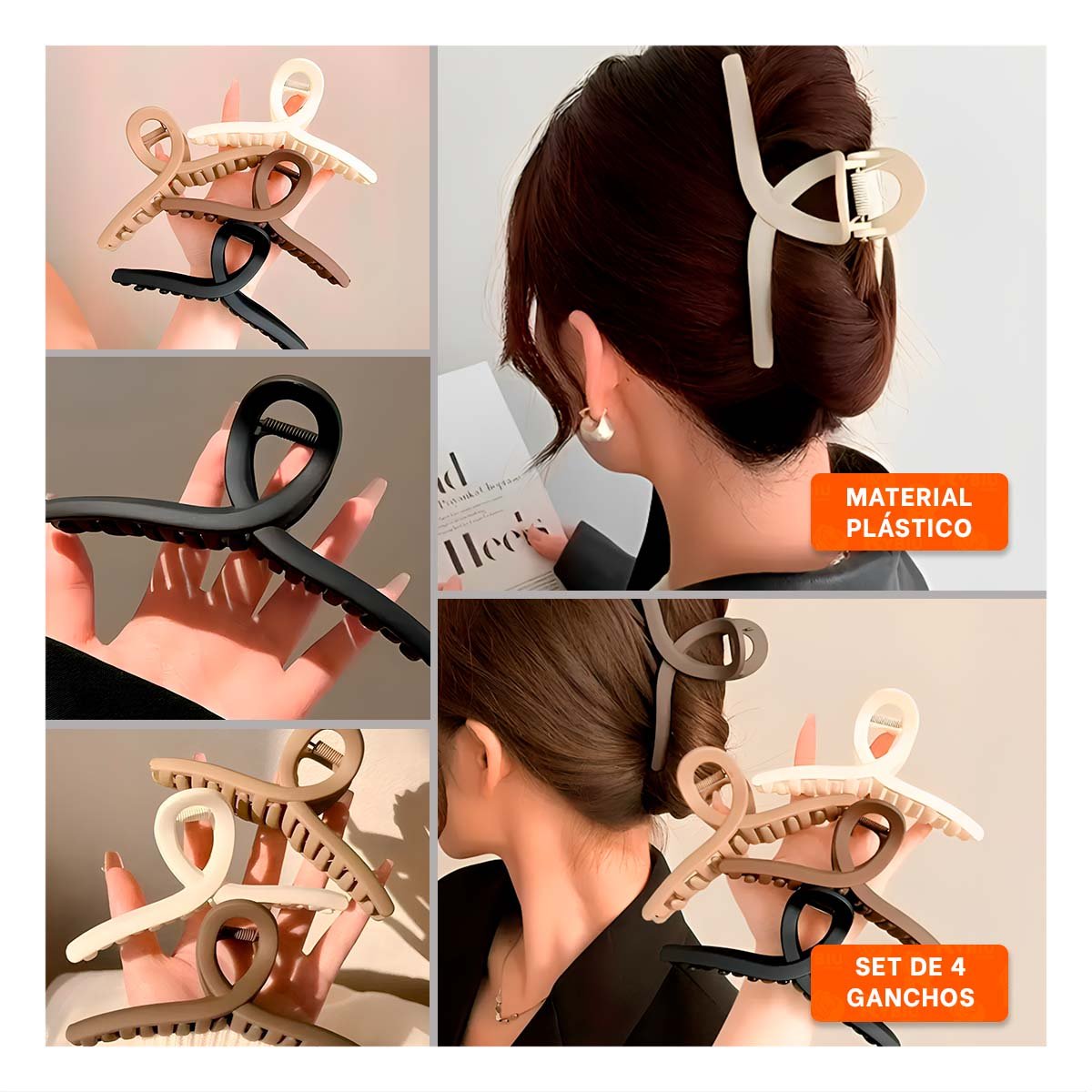 EQUIPO DE 4 ACCESORIOS DE CABELLO FORMA E EN NEGRO MARRON BEIGE Y+LIGAS REGALO - 5