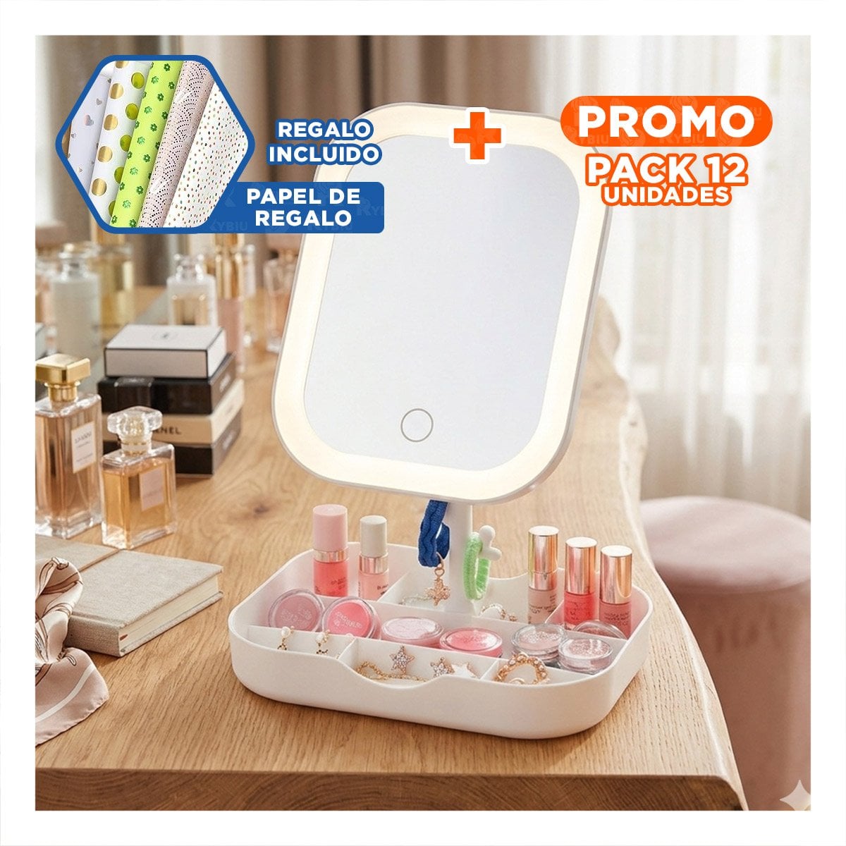 PACK12 SISTEMA DE BELLEZA CON ESPEJO LED CUADRADO BLANCO Y ORGANIZADOR Y+PAPEL REGALO - 1