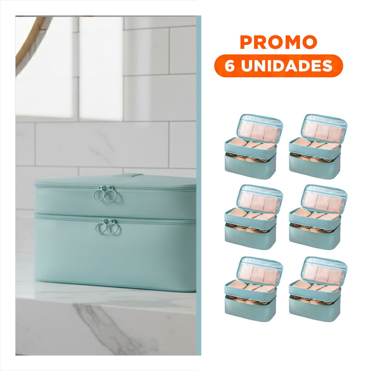 PACK6 NECESER MODERNO 4 ESPACIOS 30X16X17CM CELESTE PARA VIAJE - 1