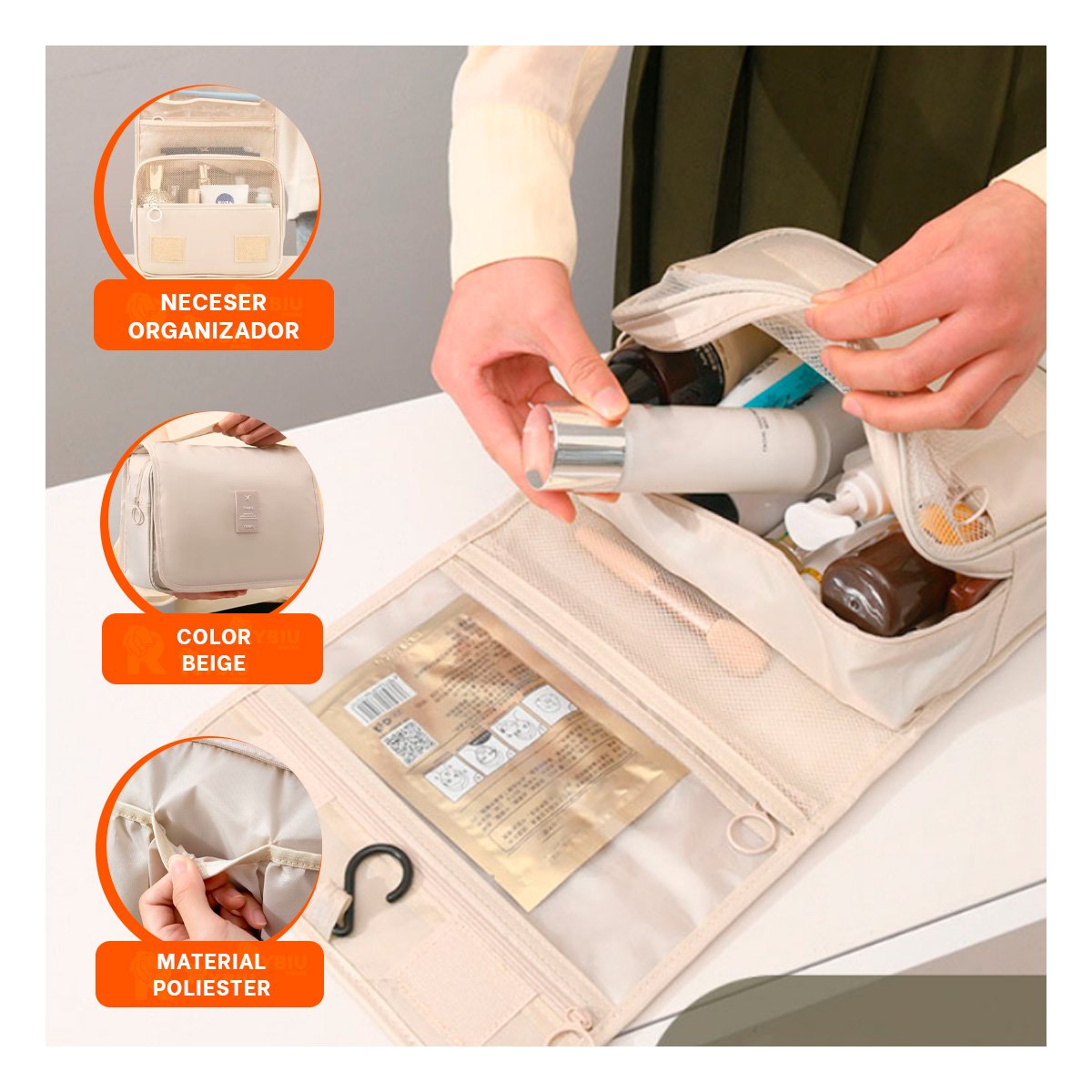 PACK2 ESTUCHE 24X8X19 CM BEIGE DE ASEO CON DISENO PRACTICO Y MEDIDAS Y+REGALO STICKER - 5