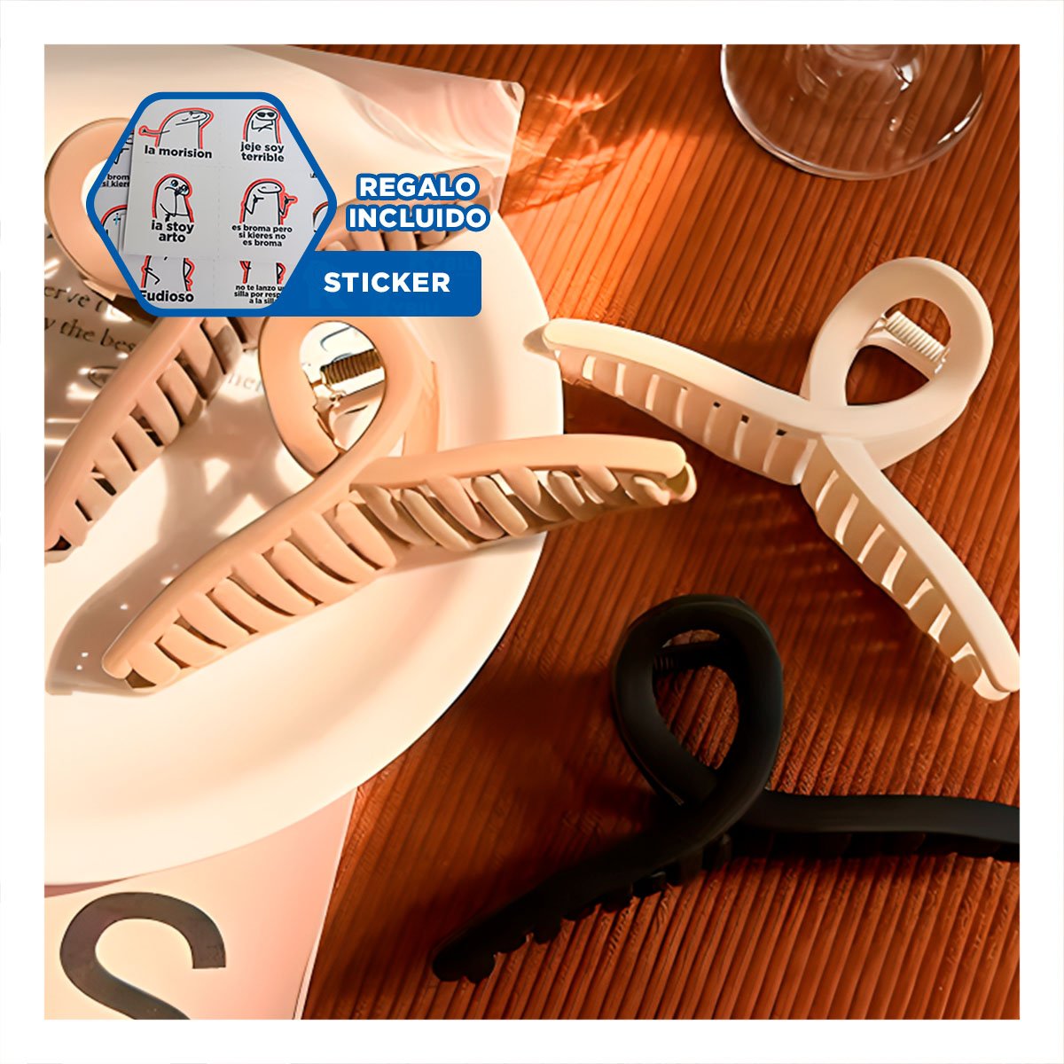 JUEGO DE 4 ACCESORIOS DE CABELLO FORMA E EN NEGRO MARRON BEIGE Y+REGALO STICKER - 1