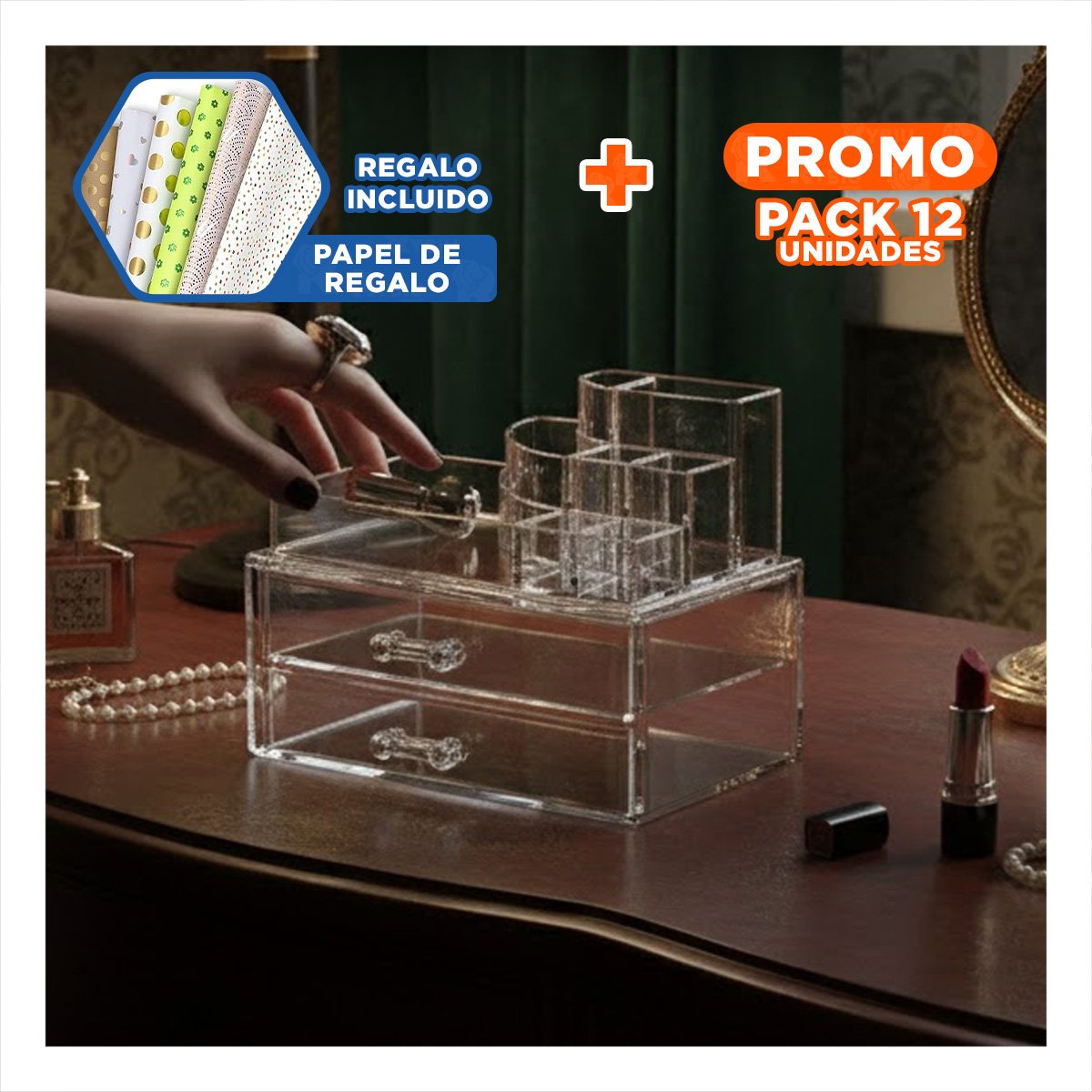 PACK12 ORGANIZADOR DE COSMETICOS CON DOS NIVELES PARA MAYOR CAPACIDAD Y+PAPEL REGALO - 1