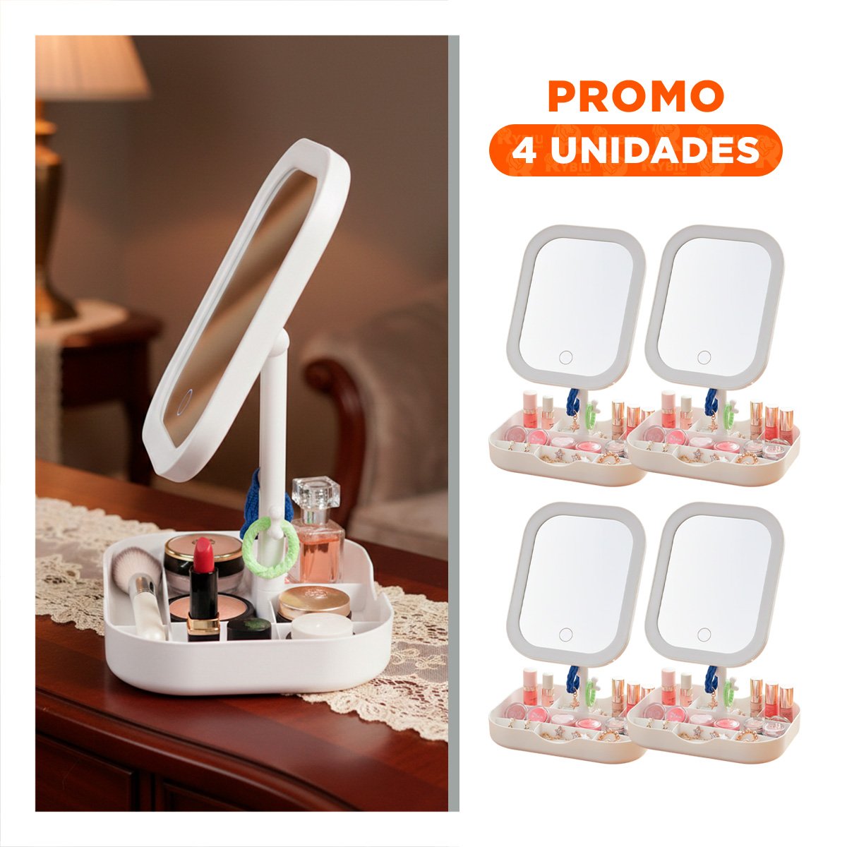PACK4 SOPORTE TOCADOR CON ESPEJO LED CUADRADO BLANCO Y BANDEJA INFERIOR Y+REGALO STICKER - 1