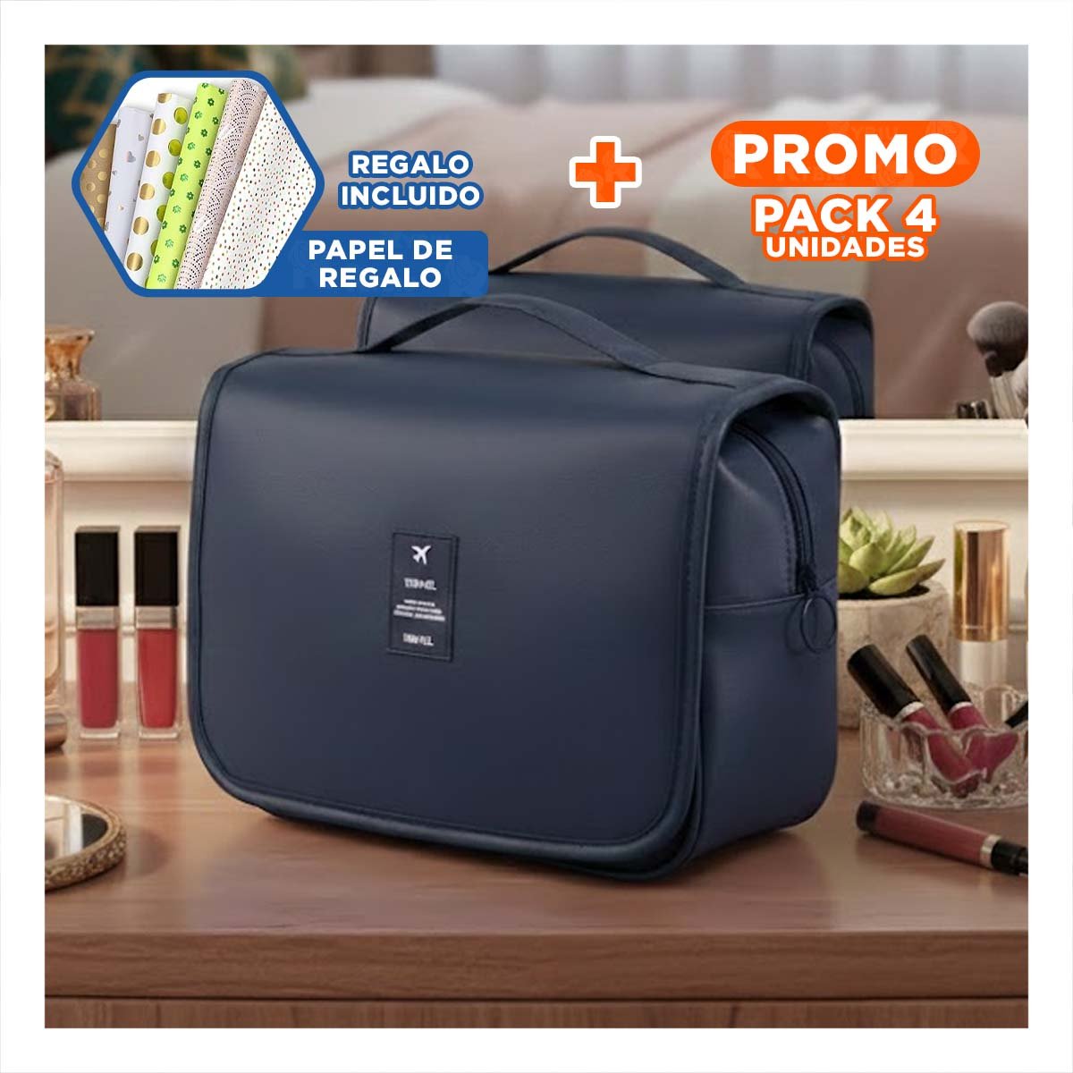 PACK4 BOLSO ORGANIZADOR 24X8X19CM AZUL PARA LLEVAR ARTICULOS DE ASEO Y+PAPEL REGALO - 1
