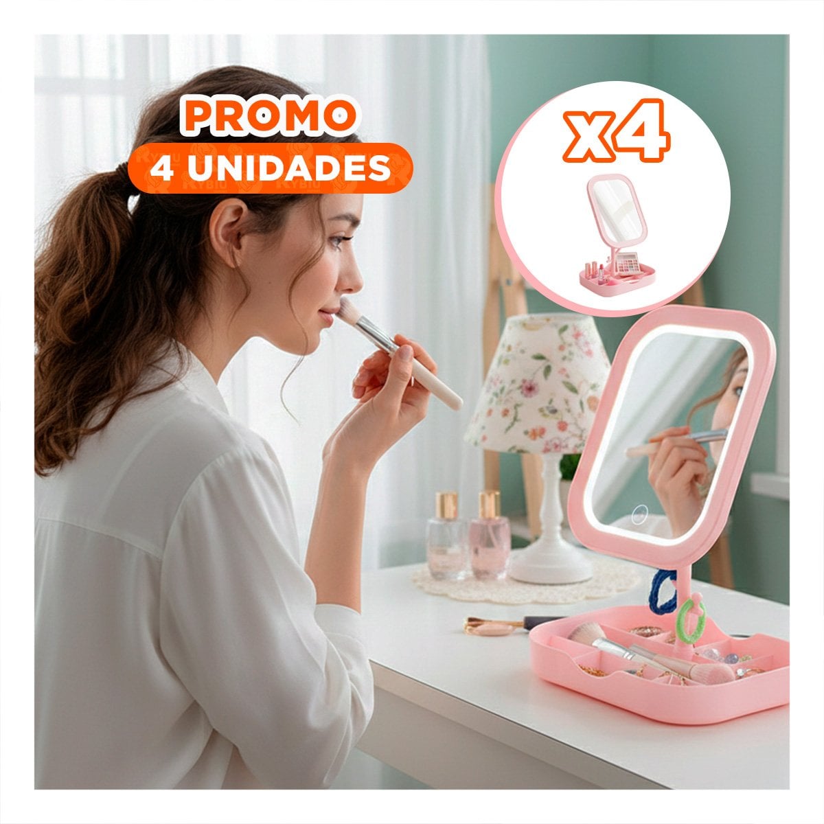PACK4 SOPORTE DE MAQUILLAJE LED CUADRADO ROSADO CON ESPACIOS PRACTICOS - 1