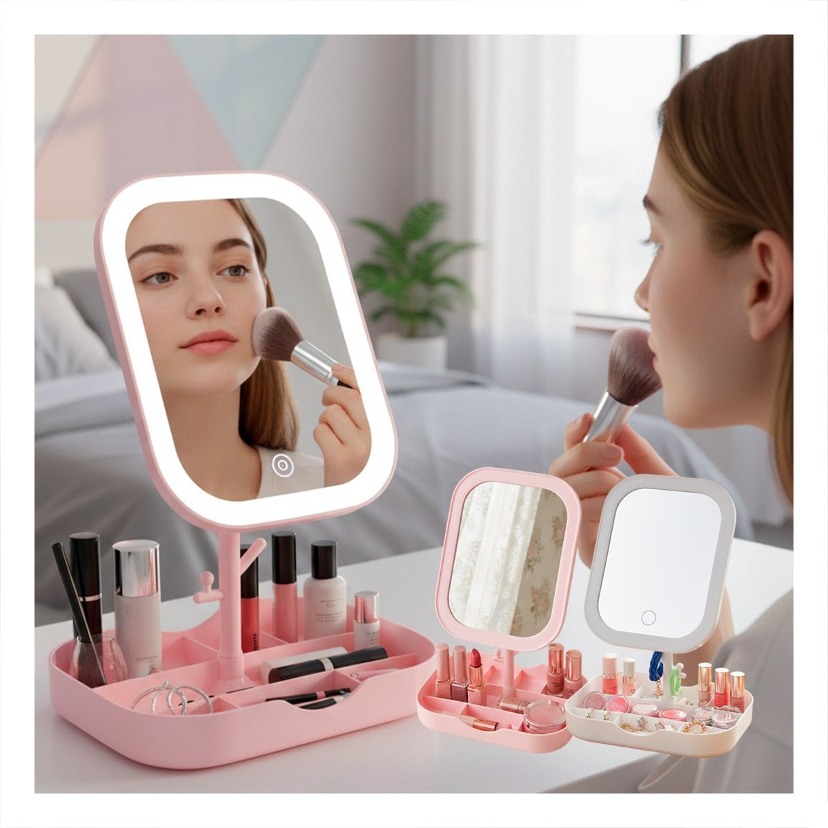 PACK4 SOPORTE DE MAQUILLAJE LED CUADRADO ROSADO CON ESPACIOS PRACTICOS - 3