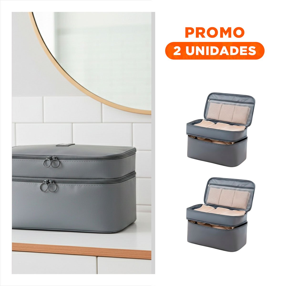 PACK2 PORTA COSMETICOS DE VIAJE 4 ESPACIOS 30X16X17CM PLOMO - 1