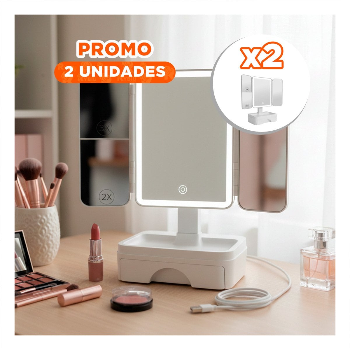 PACK2 ORGANIZADOR TOCADOR LED TRIPLE BLANCO CON CAJON Y LUZ SUAVE Y+REGALO STICKER - 1