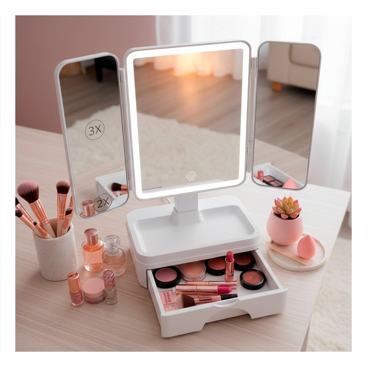 PACK2 ORGANIZADOR TOCADOR LED TRIPLE BLANCO CON CAJON Y LUZ SUAVE Y+REGALO STICKER - 3