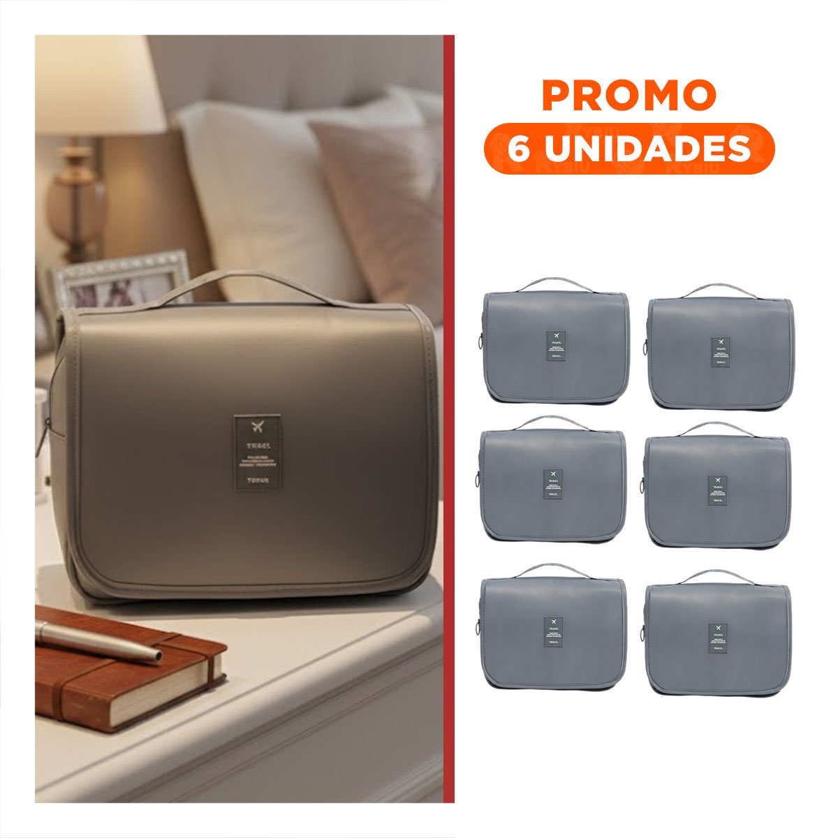 PACK6 ESTUCHE DE VIAJE COLGANTE 24X8X19CM PLOMO CON COMPARTIMENTOS SEGUROS - 1