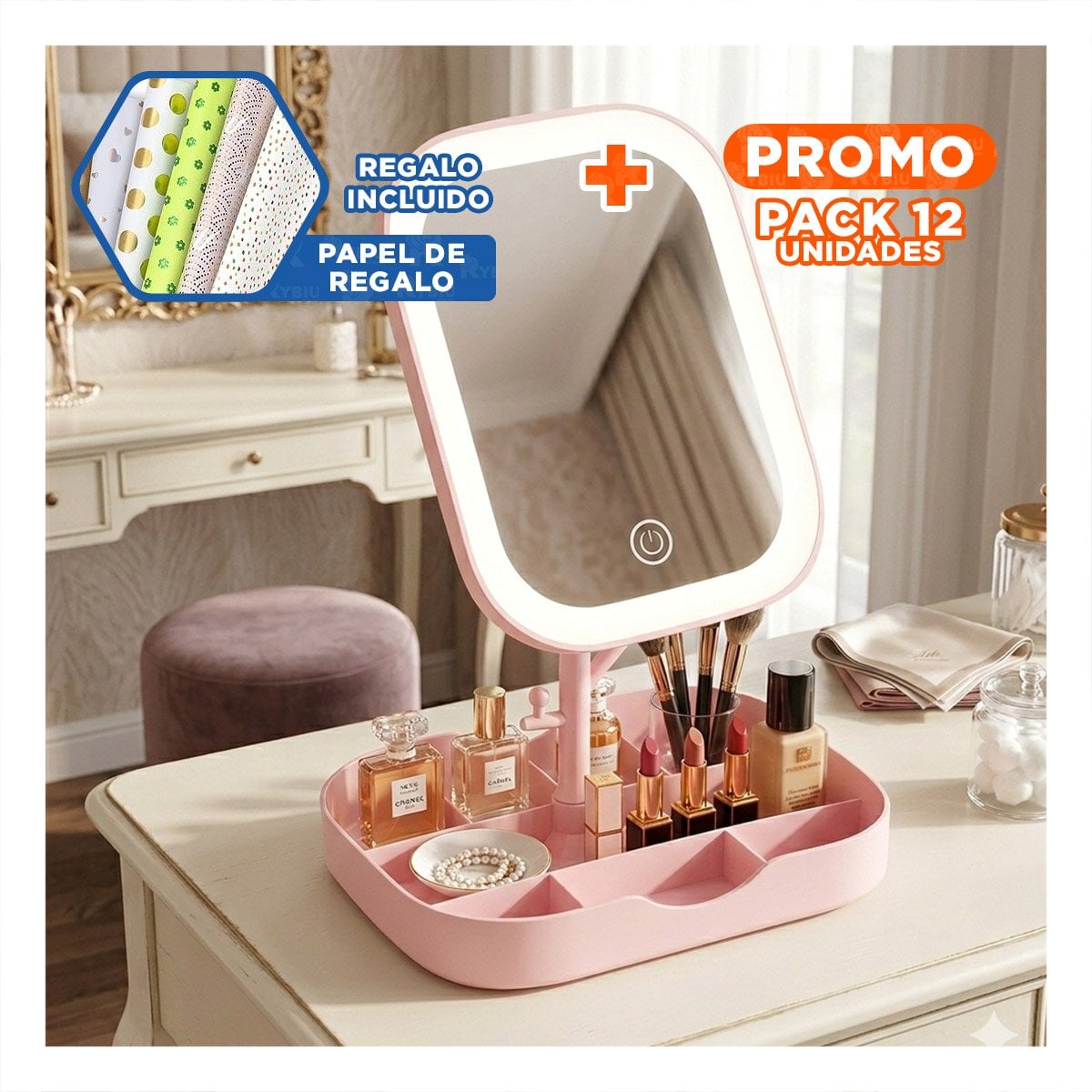 PACK12 BASE DE BELLEZA LED CUADRADO ROSADO CON COMPARTIMENTOS AMPLIOS Y+PAPEL REGALO - 1