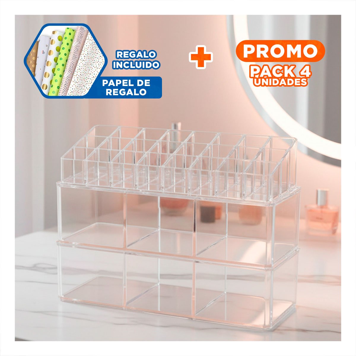 PACK4 CAJA ORGANIZADORA ACRILICA 2 PISOS 3 DIVISIONES 9 LABIALES TRANSPARENTE Y+PAPEL REGALO - 1