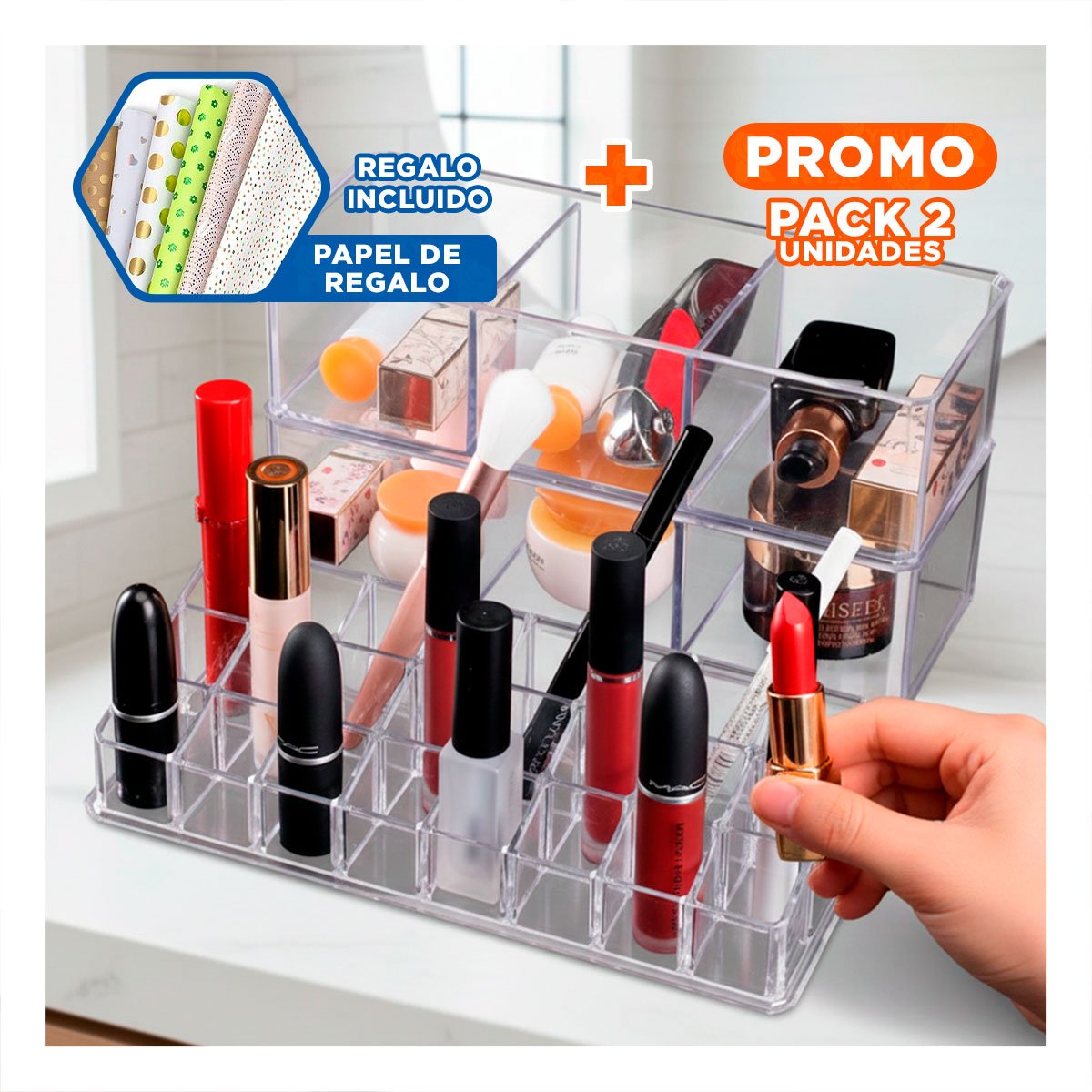 PACK2 CONTENEDOR PARA COSMETICOS DE ACRILICO 2 PISOS 3 DIVISIONES TRANSPARENTE Y+PAPEL REGALO - 1
