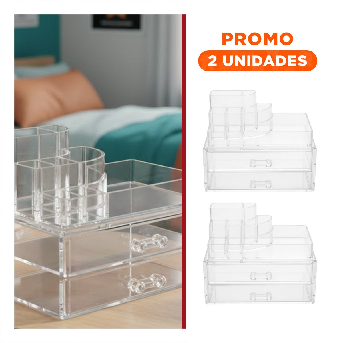 PACK2 ORGANIZADOR DE ESCRITORIO O TOCADOR TRANSPARENTE CON DIVISIONES UTILES - 1