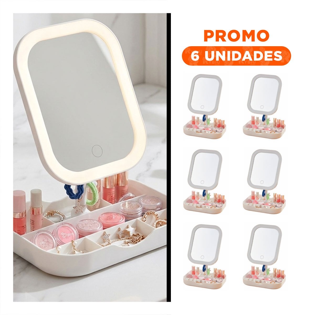 PACK6 ESTACION DE MAQUILLAJE LED CUADRADO BLANCO CON ESPACIOS FUNCIONALES - 1