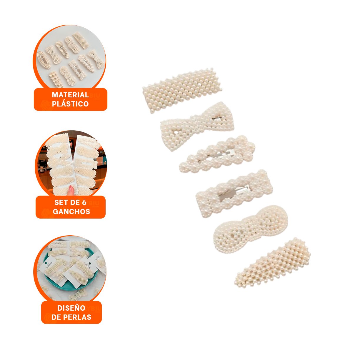 BROCHES 6 DE CABELLO CON PERLAS COLOR BEIGE MODA MUJER - 3