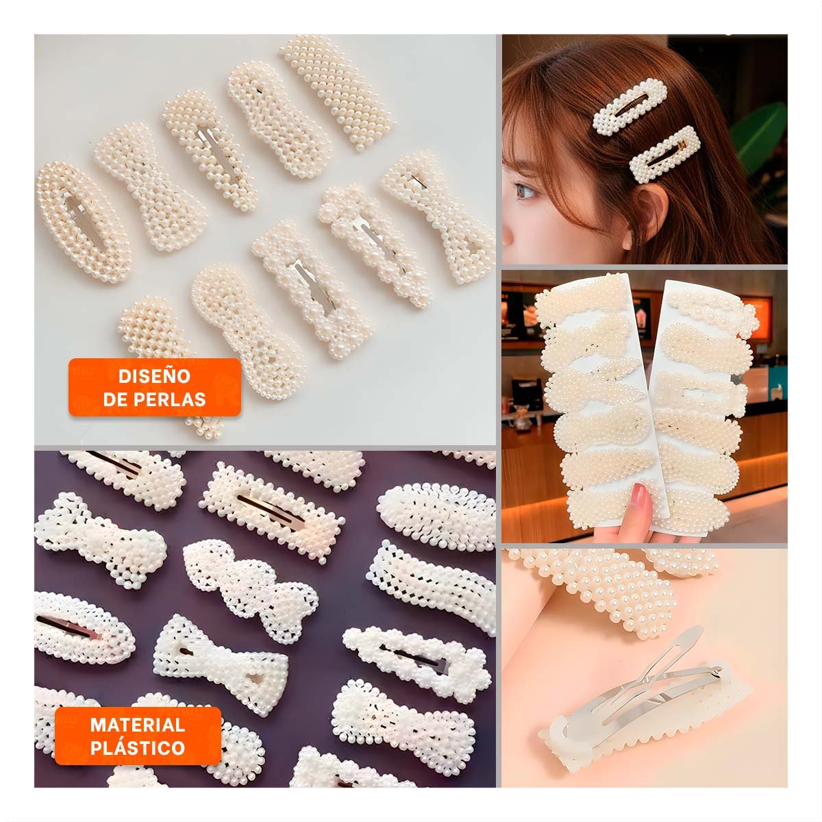 BROCHES 6 DE CABELLO CON PERLAS COLOR BEIGE MODA MUJER - 5