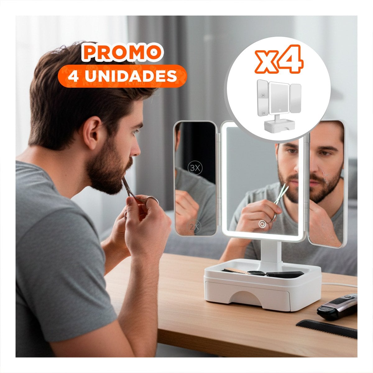 PACK4 PANEL DE MAQUILLAJE LED TRIPLE BLANCO CON CAJON Y DISEÑO MODERNO - 1