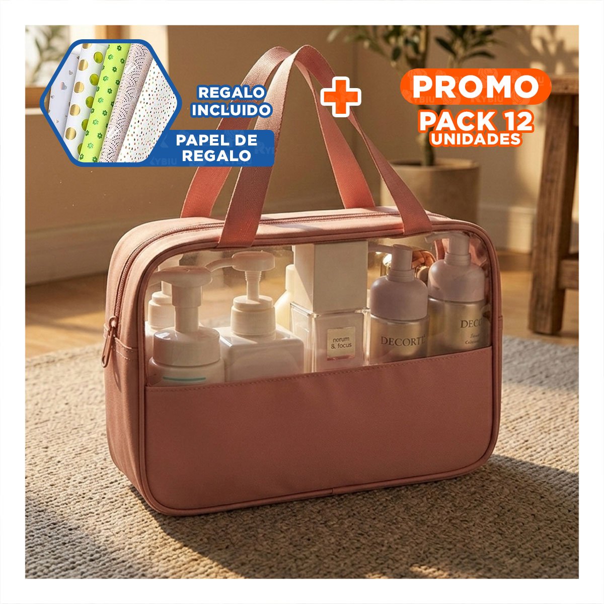 PACK12 PAR NECESER RECTANGULAR CON ASAS ROSADO PUBLICO JUVENIL Y+PAPEL REGALO - 1