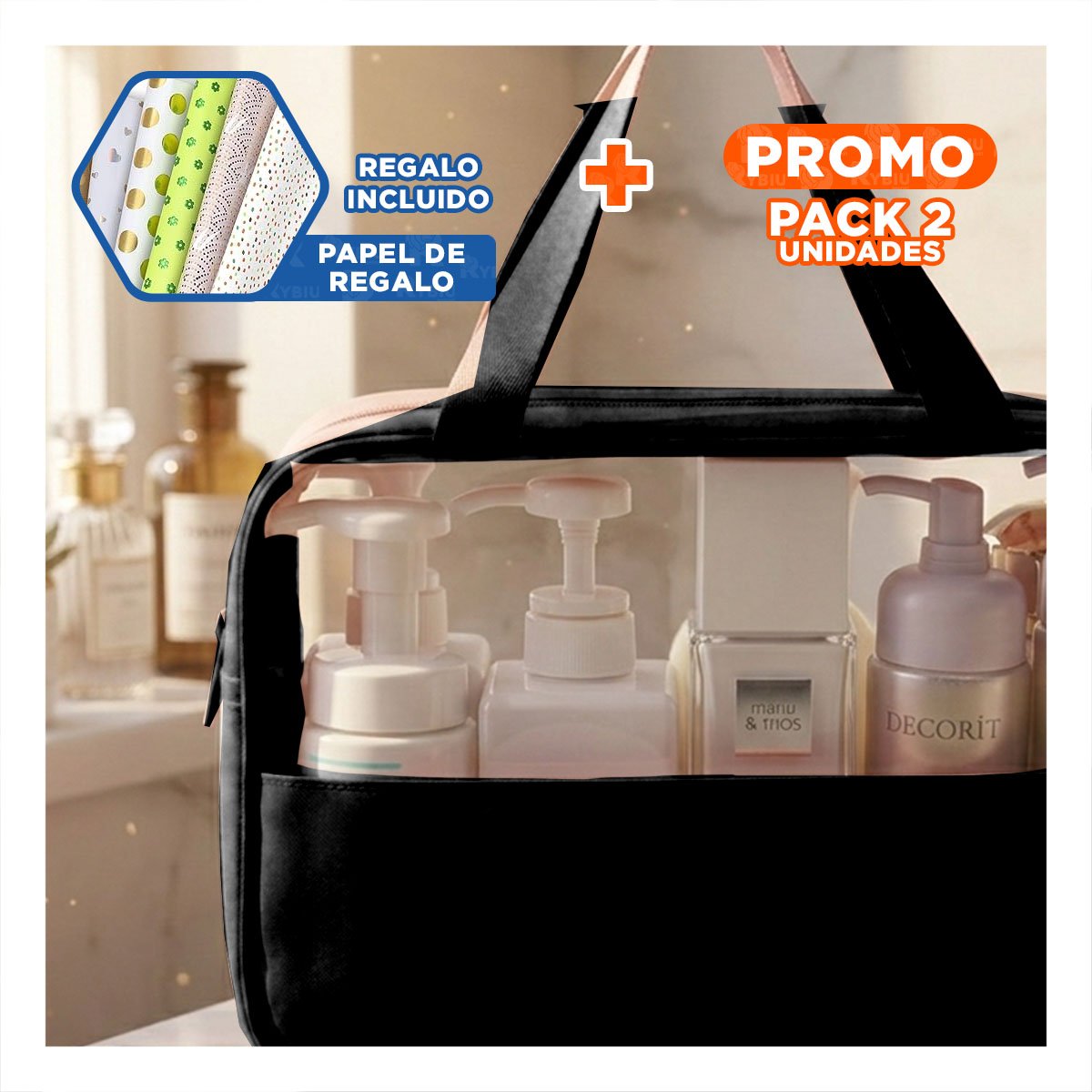 PACK2 ESTUCHE RECTANGULAR CON ASAS PARA ASEO NEGRO FUNCIONAL Y SEGURO Y+PAPEL REGALO - 1