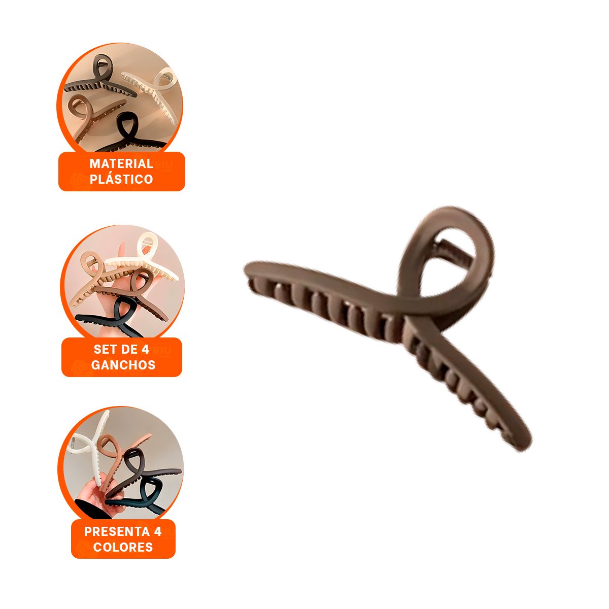 KIT 4 CLIPS PARA CABELLO FORMA E EN NEGRO MARRON BEIGE MOSTAZA - 3