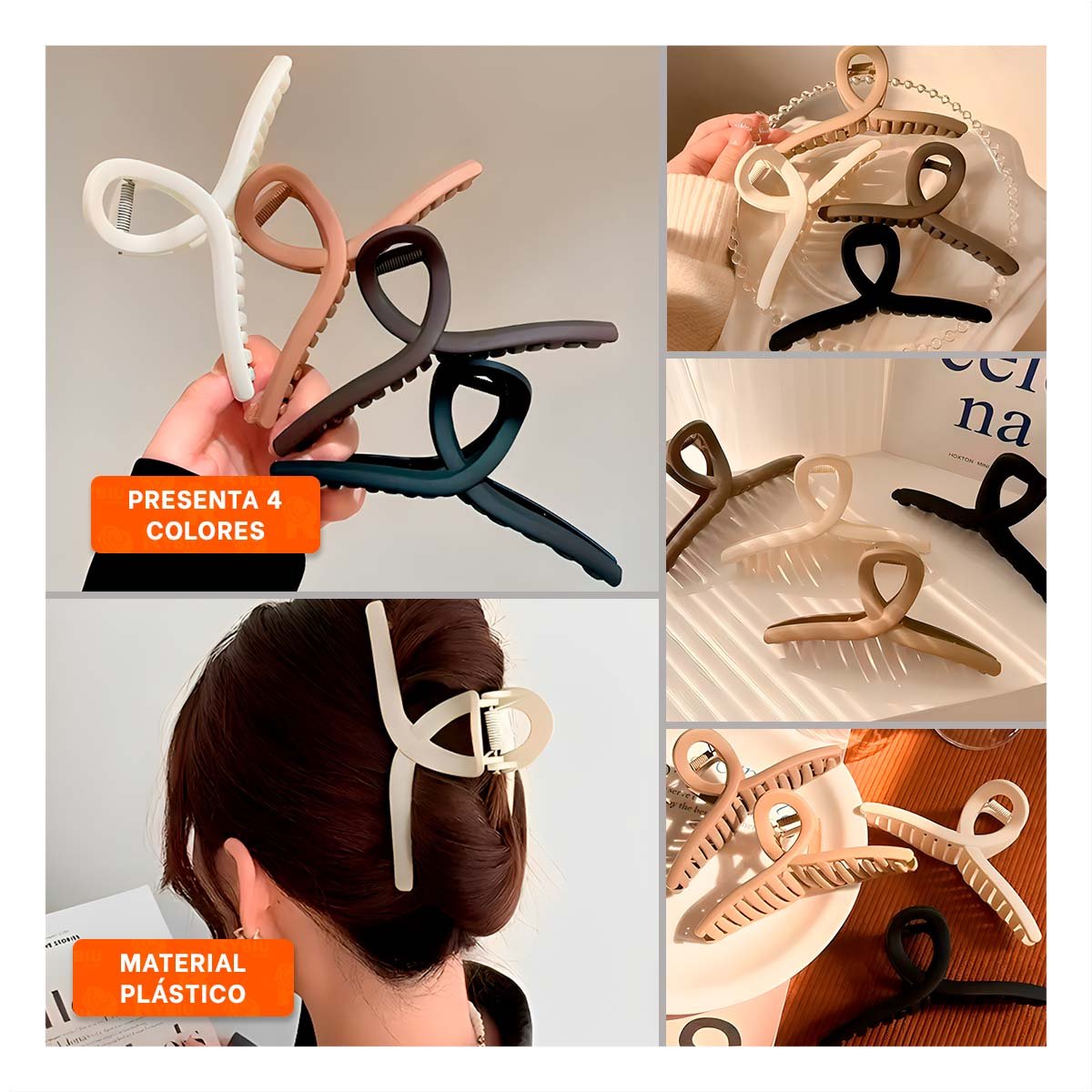 KIT 4 CLIPS PARA CABELLO FORMA E EN NEGRO MARRON BEIGE MOSTAZA - 5