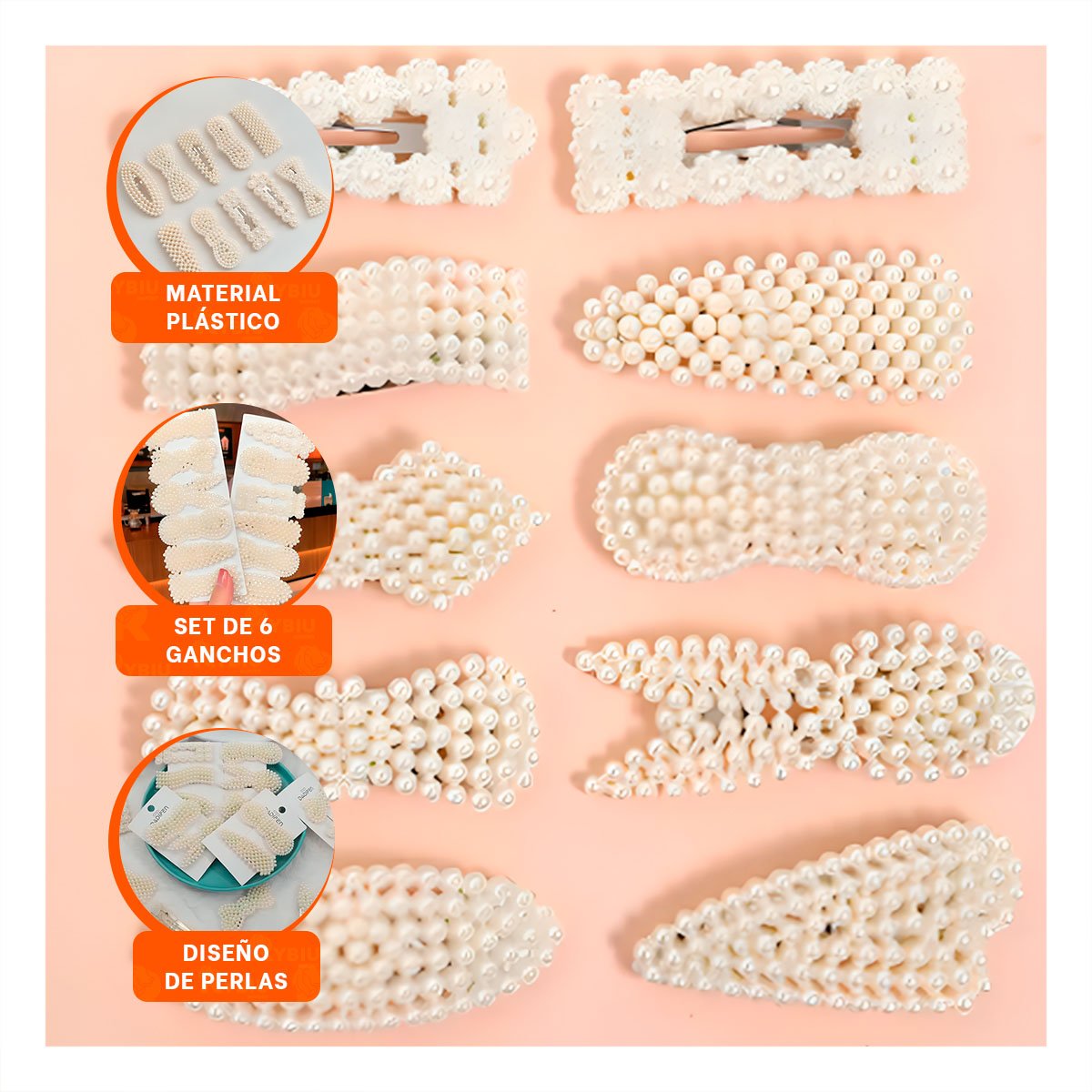 PACK6 ACCESORIOS 6 DE CABELLO CON PERLAS BEIGE PARA MUJER Y+REGALO STICKER - 3
