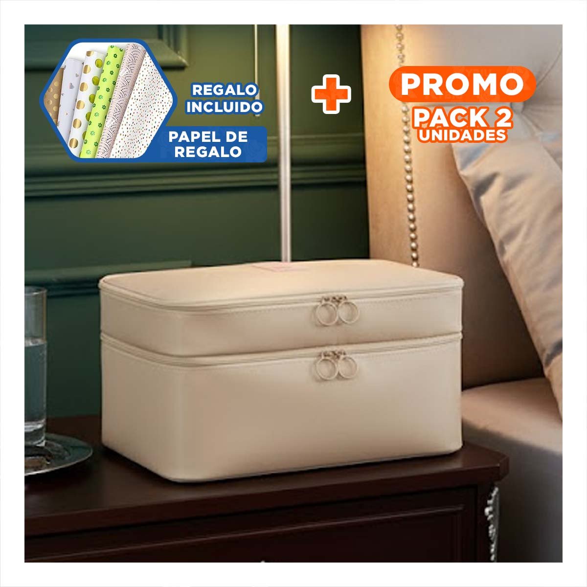 PACK2 NECESER PRACTICO 4 ESPACIOS 30X16X17CM BEIGE PARA HOGAR Y+PAPEL REGALO - 1