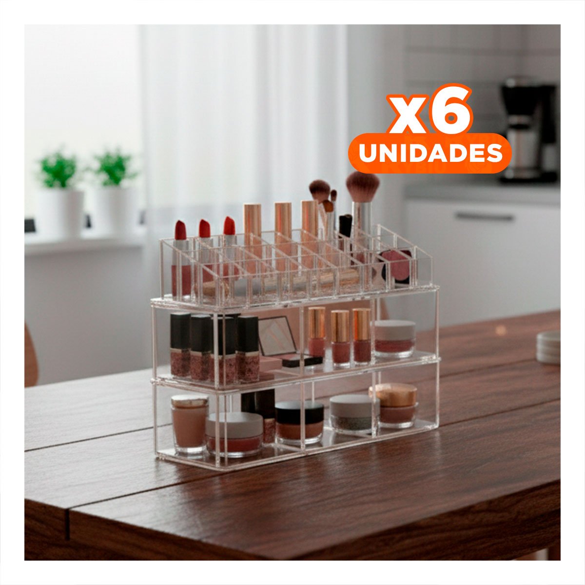 PACK6 ORGANIZADORA DE MESA ACRILICA 2 PISOS 3 DIV 9 LABIALES TRANSPARENTE Y+REGALO STICKER - 1