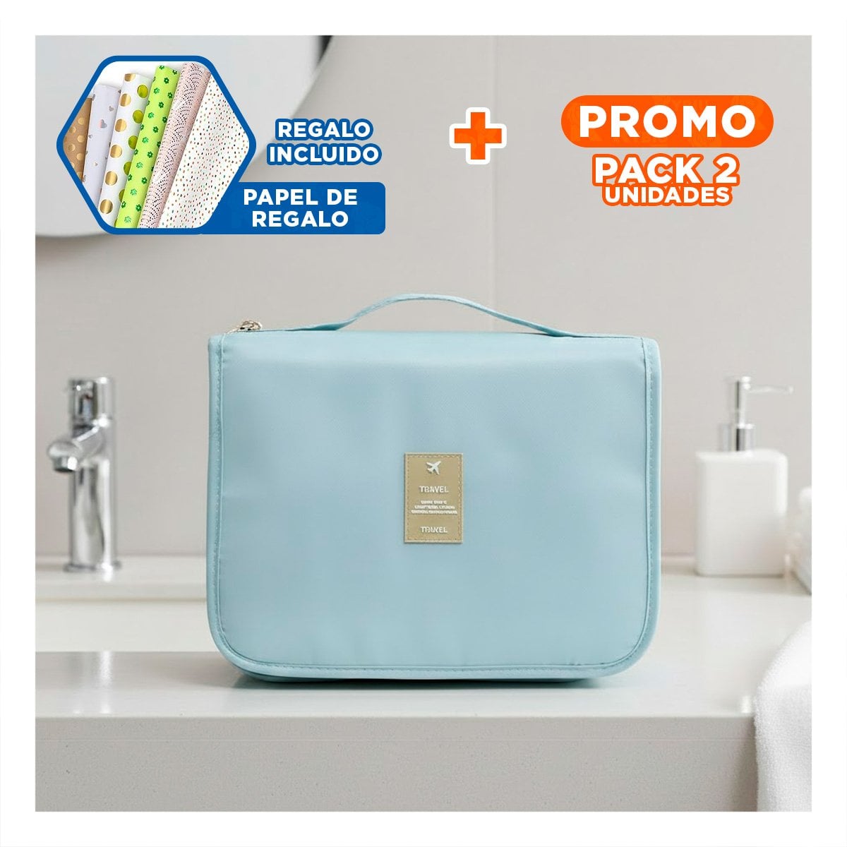 PACK2 NECESER 24X8X19 CM CELESTE CLARO FUNCIONAL PARA PERSONAS QUE VIAJAN Y+PAPEL REGALO - 1