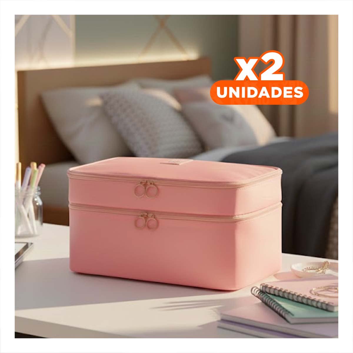 PACK2 BOLSO PRACTICO 4 ESPACIOS 30X16X17CM ROSADO PARA MUJER Y+REGALO STICKER - 1
