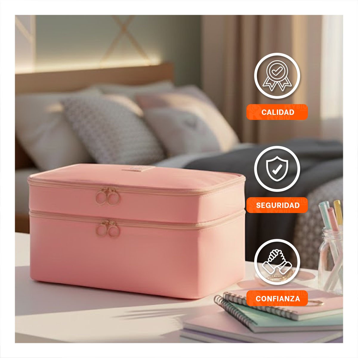 PACK2 BOLSO PRACTICO 4 ESPACIOS 30X16X17CM ROSADO PARA MUJER Y+REGALO STICKER - 5