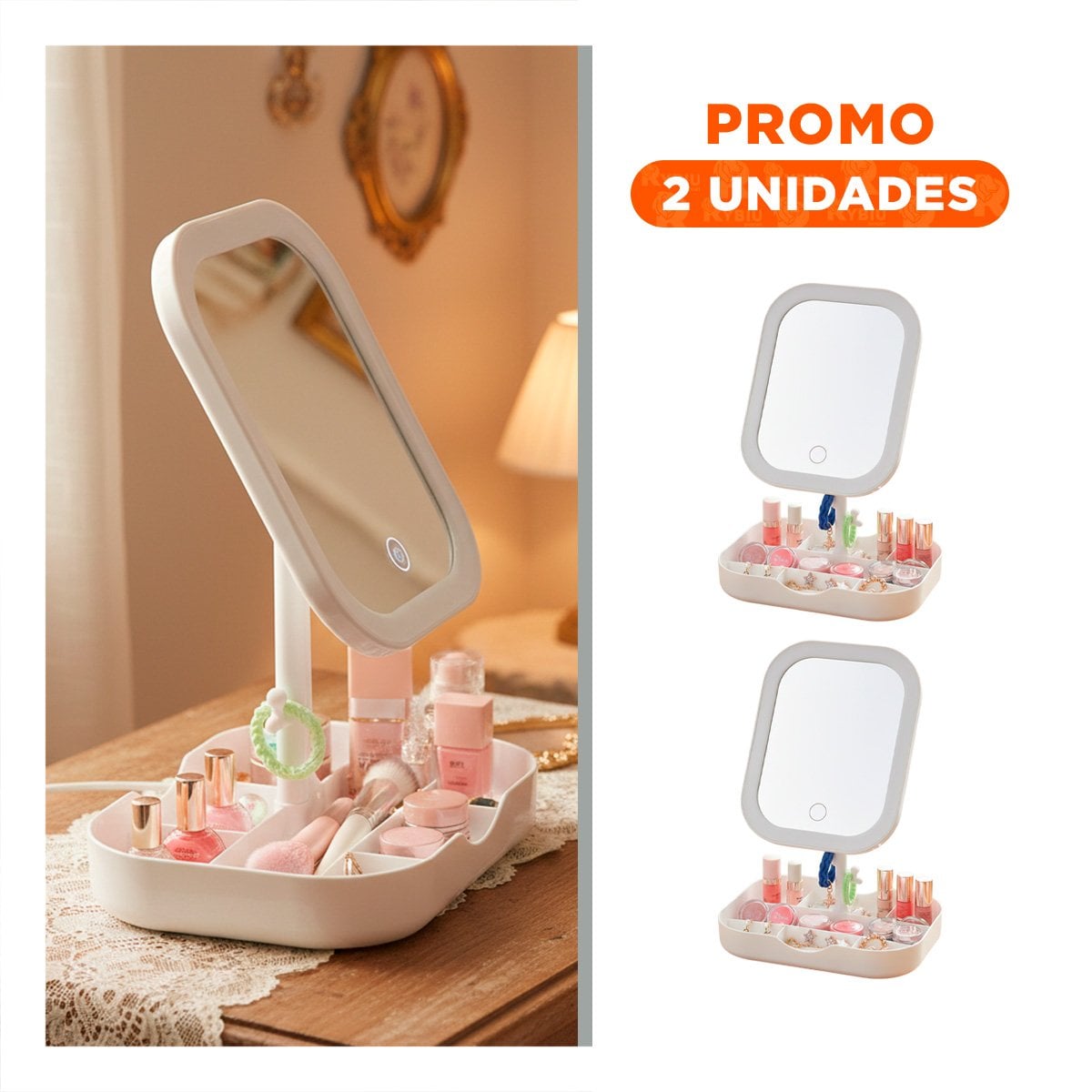 PACK2 SISTEMA TOCADOR CON ESPEJO LED CUADRADO BLANCO Y ESPACIOS AMPLIOS - 1
