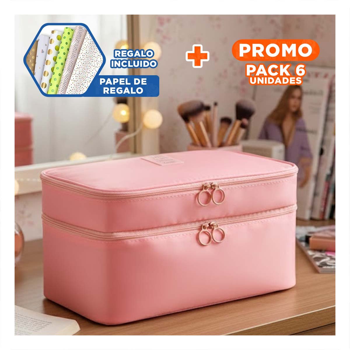 PACK6 BOLSO MODERNO 4 ESPACIOS 30X16X17CM ROSADO PARA HOGAR Y+PAPEL REGALO - 1