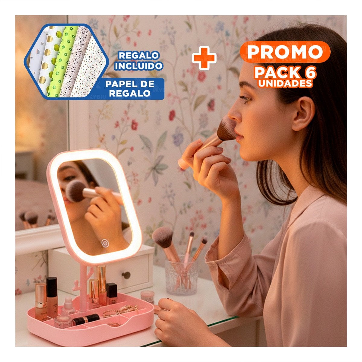 PACK6 PANEL TOCADOR LED CUADRADO ROSADO CON BANDEJA FUNCIONAL Y+PAPEL REGALO - 1