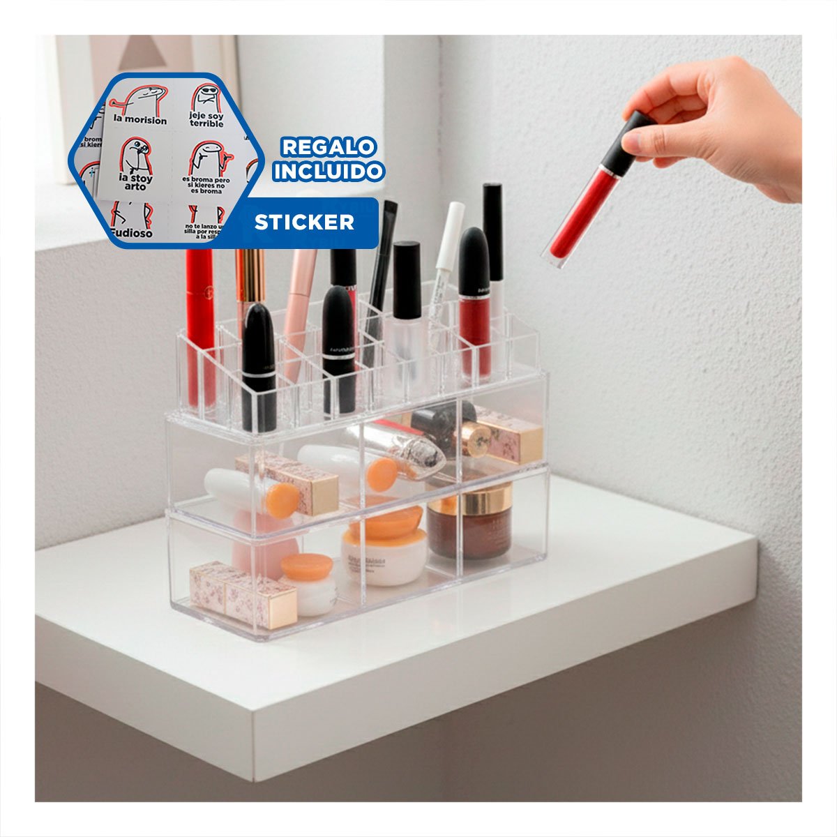 CONTENEDOR PARA MAQUILLAJE DE ACRILICO 2 PISOS 3 DIVISIONES TRANSPARENTE Y+REGALO STICKER - 1