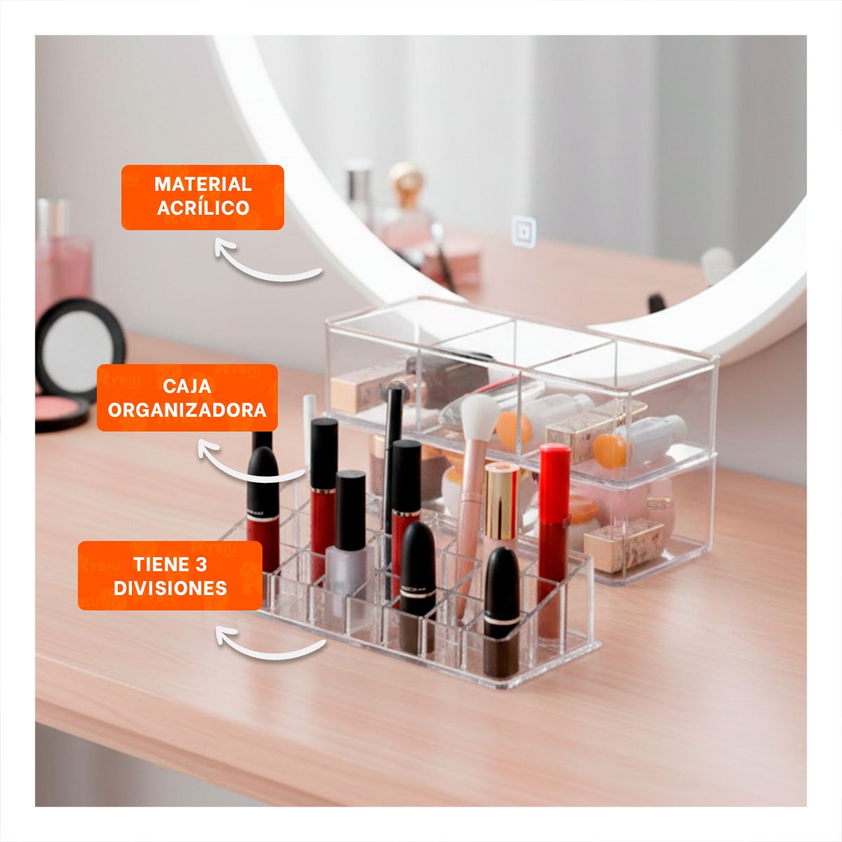 CONTENEDOR PARA MAQUILLAJE DE ACRILICO 2 PISOS 3 DIVISIONES TRANSPARENTE Y+REGALO STICKER - 5