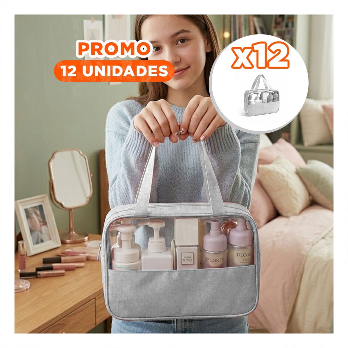 PACK12 BOLSO RECTANGULAR CON ASAS PARA ARTICULOS PERSONALES ROSADO AMPLIO Y FUNCIONAL - 1