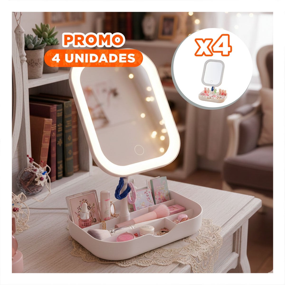 PACK4 UNIDAD TOCADOR CON ESPEJO LED CUADRADO BLANCO Y ORGANIZADOR - 1