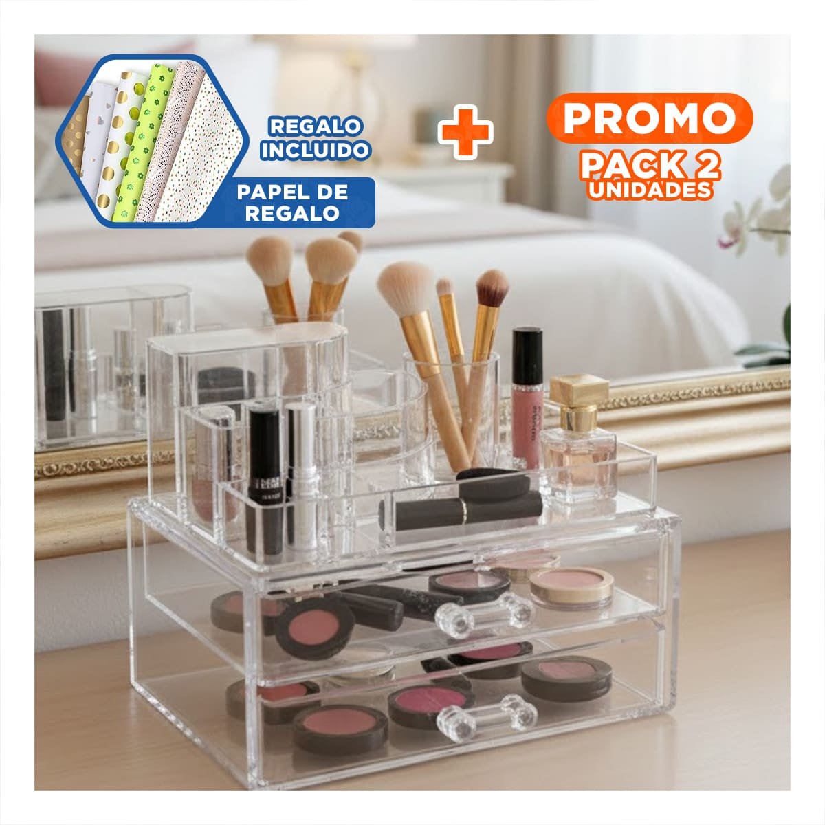 PACK2 CAJA ORGANIZADORA DE BELLEZA ACRILICA PARA USO EN CASA O NEGOCIO Y+PAPEL REGALO - 1